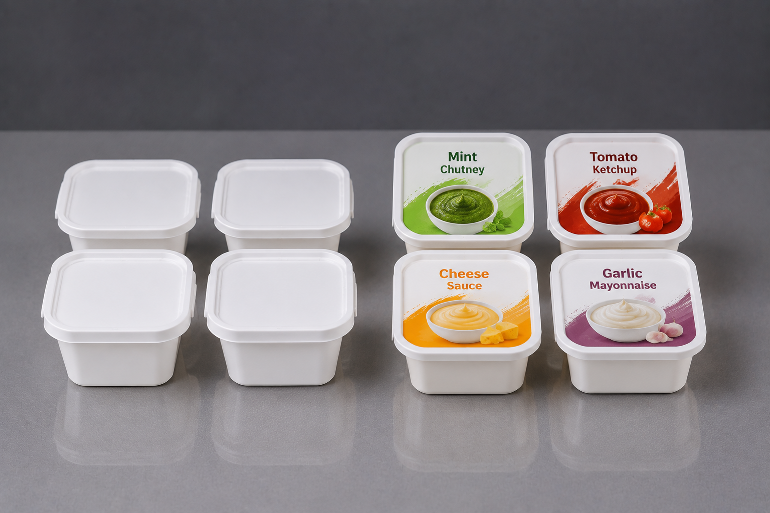 trays · rectangular portion & sauce packs compact multi-cavity and single-portion packs for sauces, dips, and toppings —