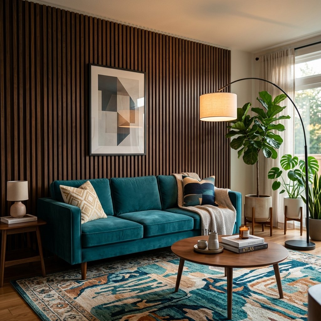 Living room with Walnut 3D wall panel accent wall