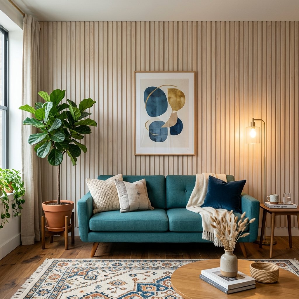 Living room with Whitewash 3D wall panel accent wall